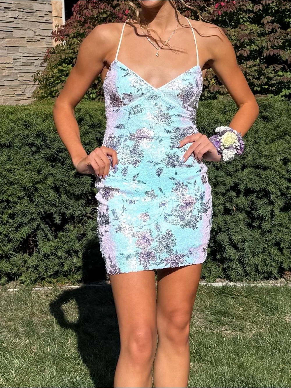 Strappy Sequin Floral Mini Dress - Light Blue & Lilac
